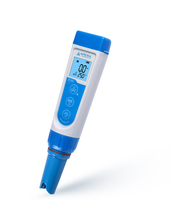 A blue and white Apera EC60 Conductivity/TDS/Salinity Pocket Tester with a digital display and measurement probe.